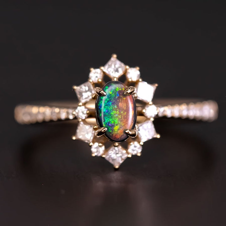 N1 Black Opal  Princess Diamond Halo Engagement Ring