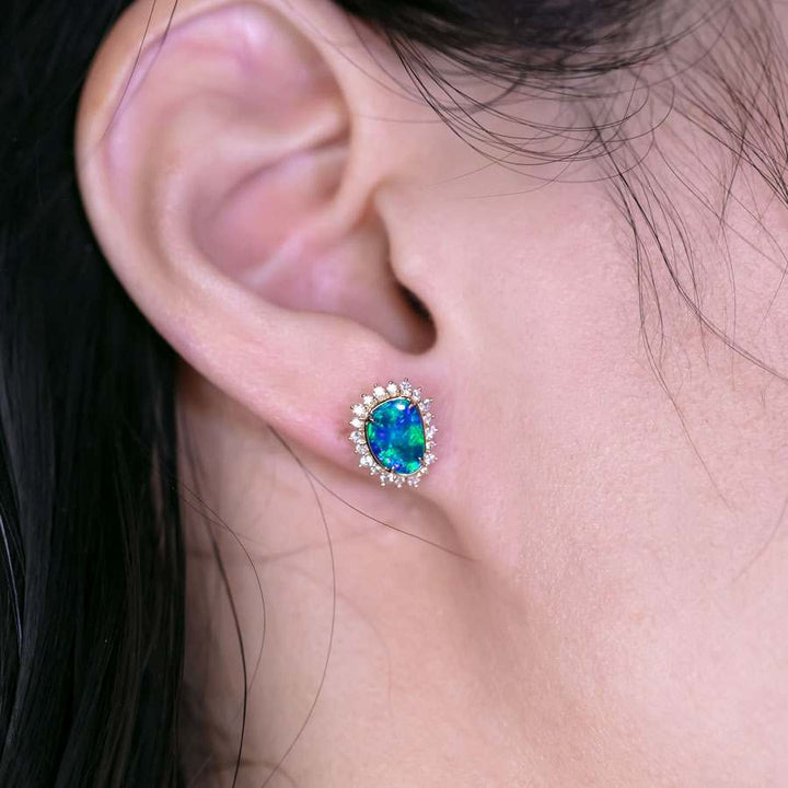 Ocean Blue Doublet Opal Diamond Hola Stud Earrings