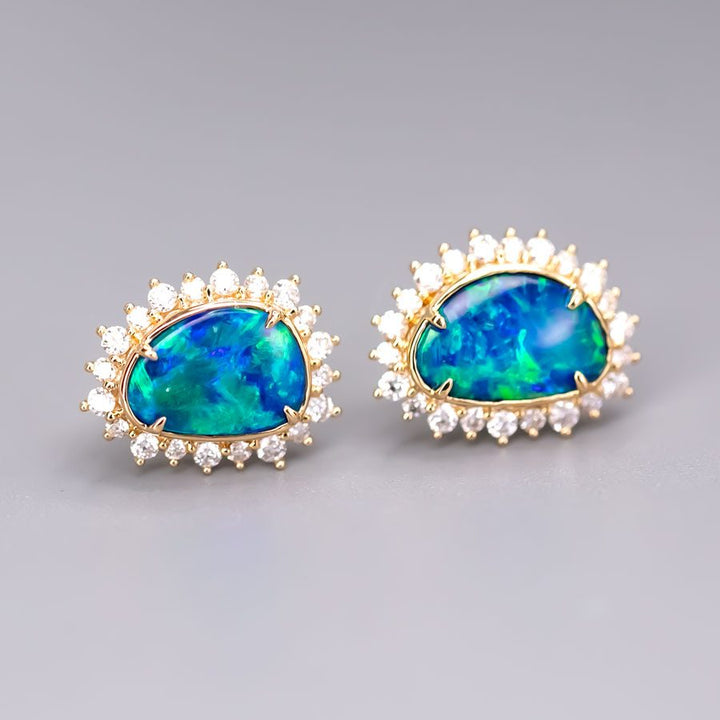 Ocean Blue Doublet Opal Diamond Hola Stud Earrings
