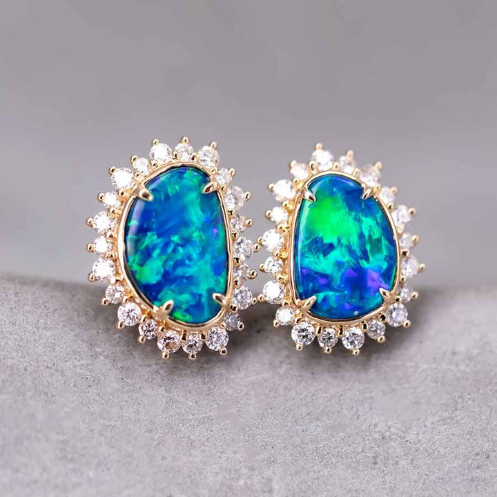 Ocean Blue Doublet Opal Diamond Hola Stud Earrings
