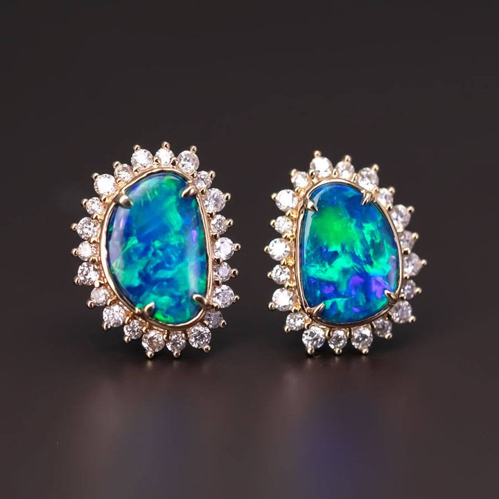 Ocean Blue Doublet Opal Diamond Hola Stud Earrings
