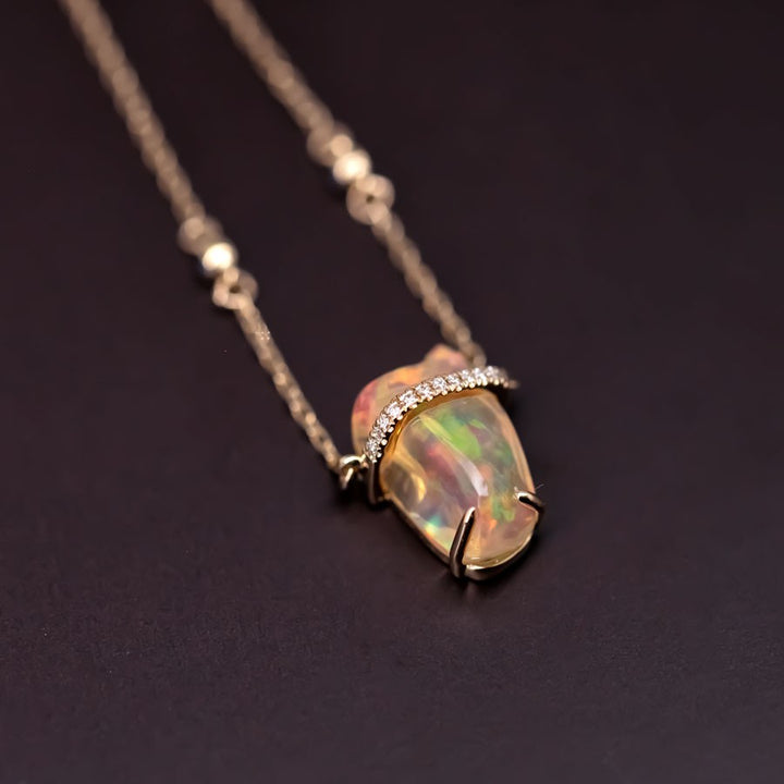 One-of-Kind Fire Opal Diamond Sapphire Necklace