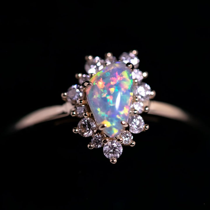 Opal Fossil Shell Halo Diamond Engagement Ring