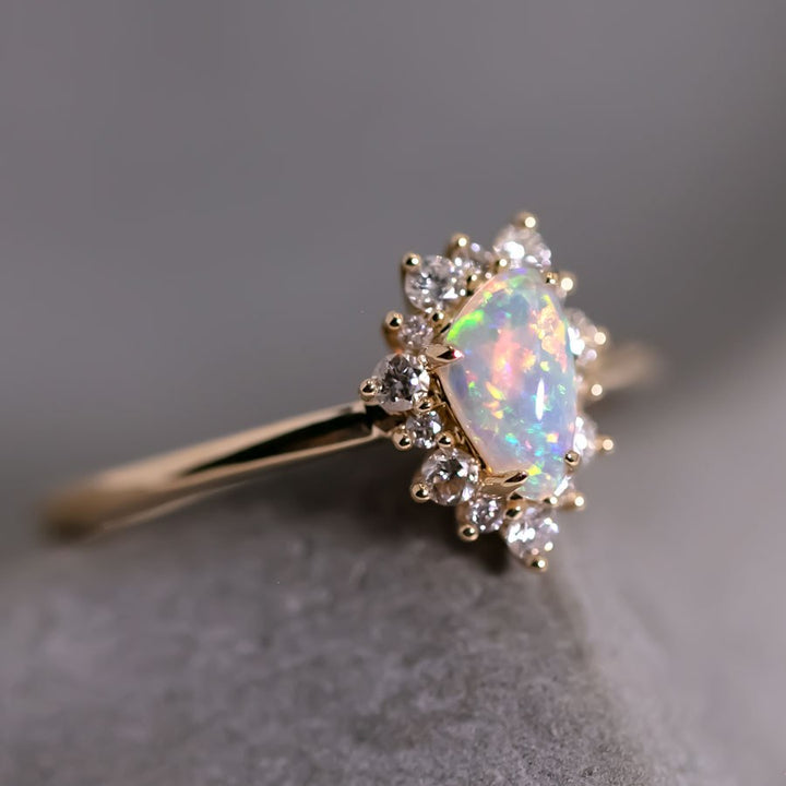 Opal Fossil Shell Halo Diamond Engagement Ring