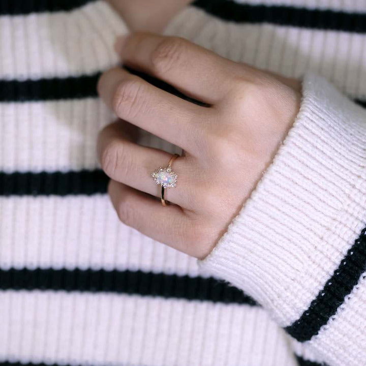 Opal Fossil Shell Halo Diamond Engagement Ring