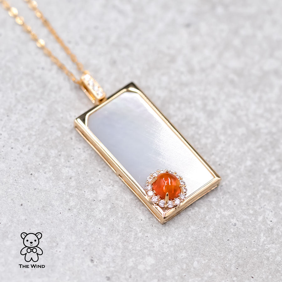 Fire Opal Halo Diamond & Mother of Pearl Necklace