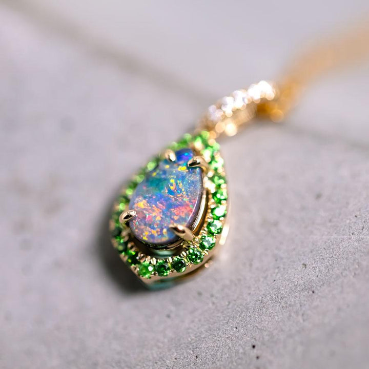 Peacock Design Boulder Opal Diamond Tsavorite Necklace