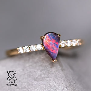 Stylish Red Australian Boulder Opal & Diamond Engagement Ring 18K Yellow Gold