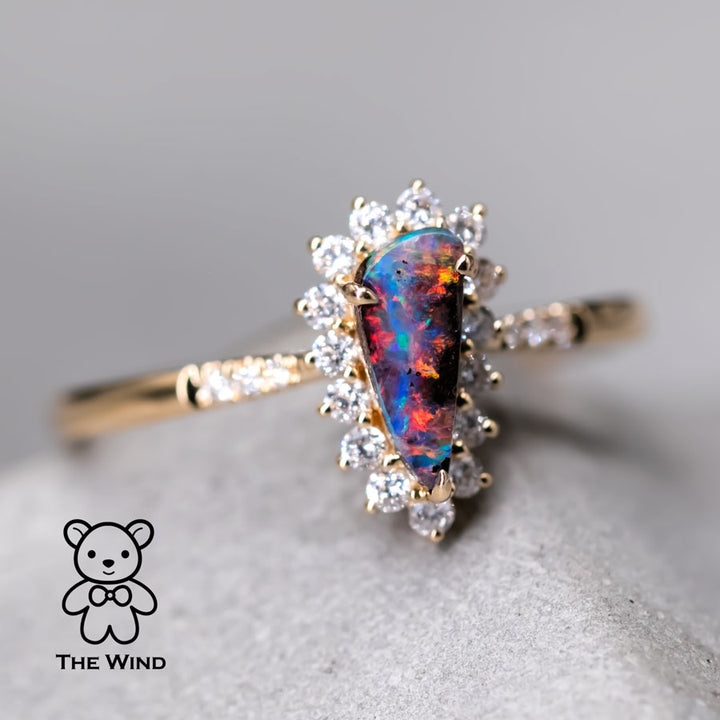 Pear Shaped Australian Boulder Opal Halo Diamond Engagement Wedding Ring-2
