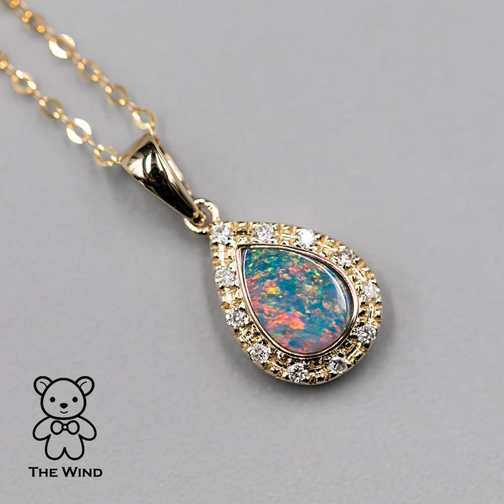 Pear Shaped Australian Doublet Opal Diamond Pendant Necklace-2