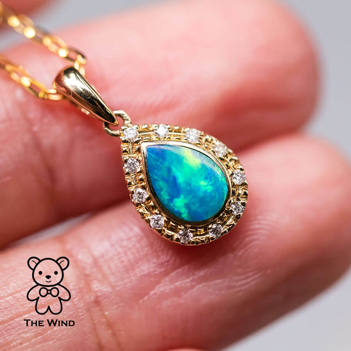 Pear Shaped Australian Doublet Opal Diamond Pendant Necklace-3