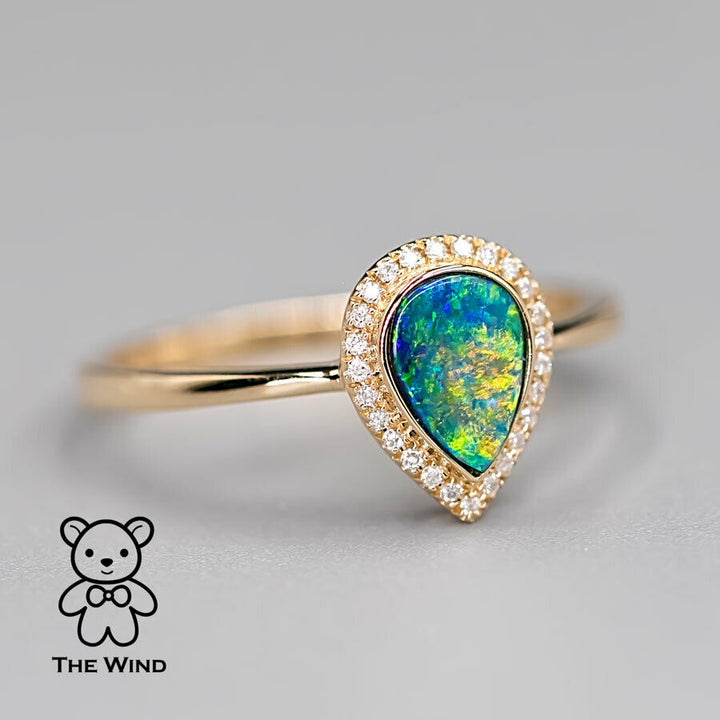 Pear Shaped Australian Doublet Opal Halo Diamond Ring-1