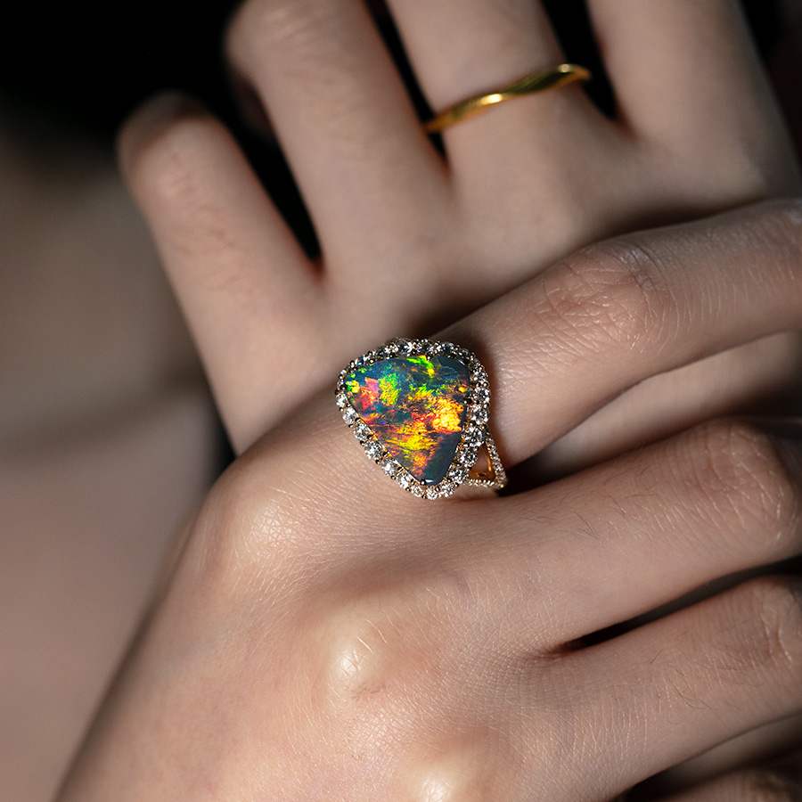 Phoenix Veil - Certificated Black Opal Halo Diamond Engagement Ring