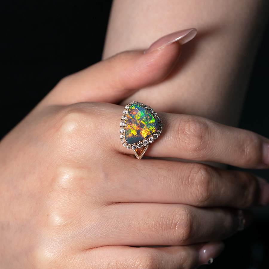 Phoenix Veil - Certificated Black Opal Halo Diamond Engagement Ring