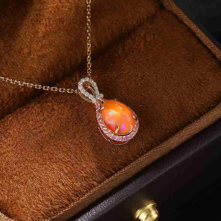 Pink Ribbon Designed Egg Fire Opal Diamond Necklace