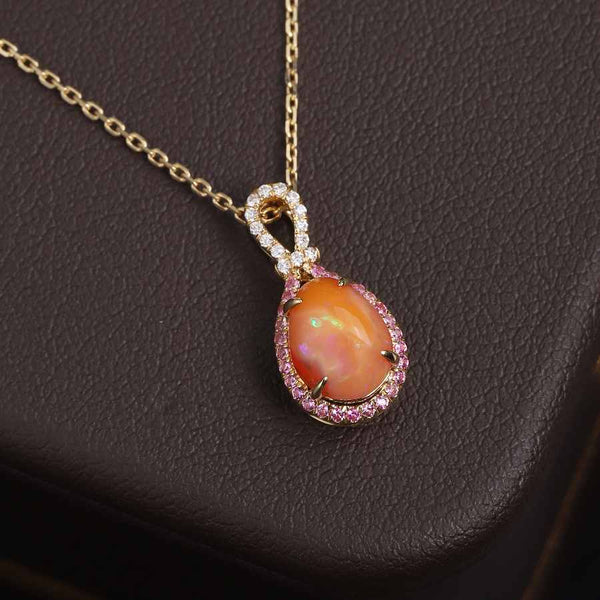 Pink Ribbon Designed Egg Fire Opal Diamond Necklace