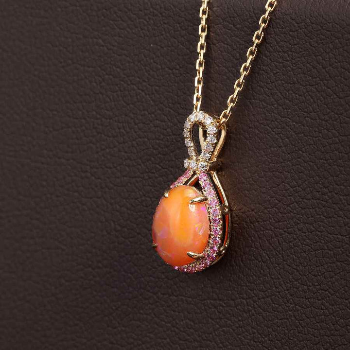 Pink Ribbon Designed Egg Fire Opal Diamond Necklace