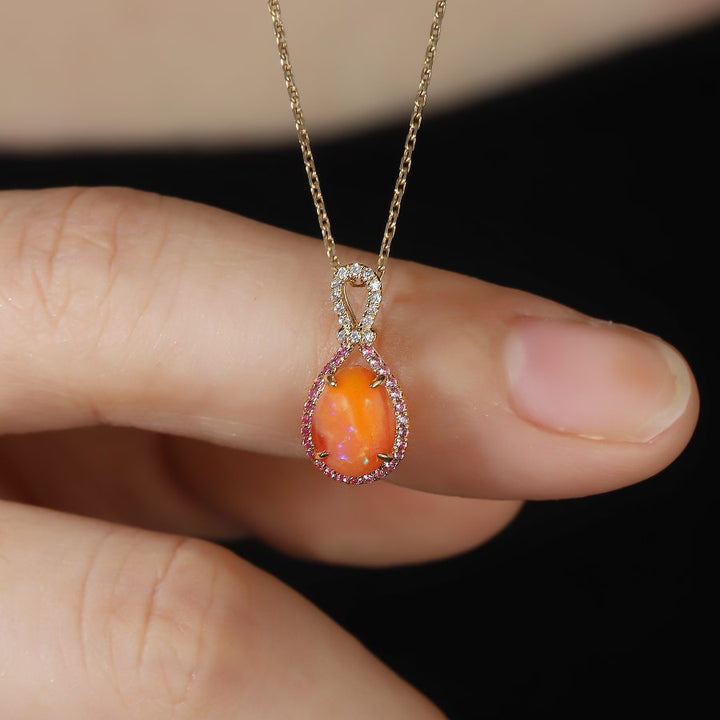 Pink Ribbon Designed Egg Fire Opal Diamond Necklace