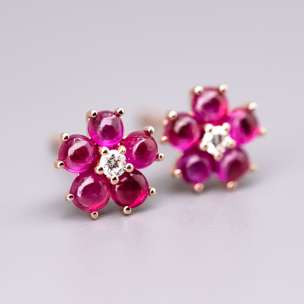 Plum Blossom Sakura Flower Ruby Diamond Stud Earrings