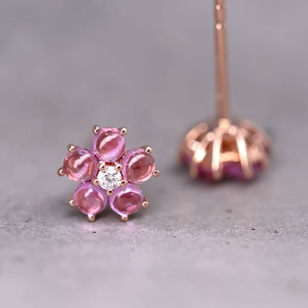 Plum Blossom Sakura Flower Ruby Diamond Stud Earrings