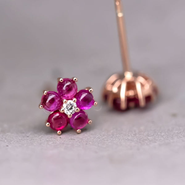 Plum Blossom Sakura Flower Ruby Diamond Stud Earrings