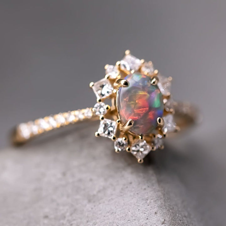 Princess Diamond Halo Engagement Ring Opal