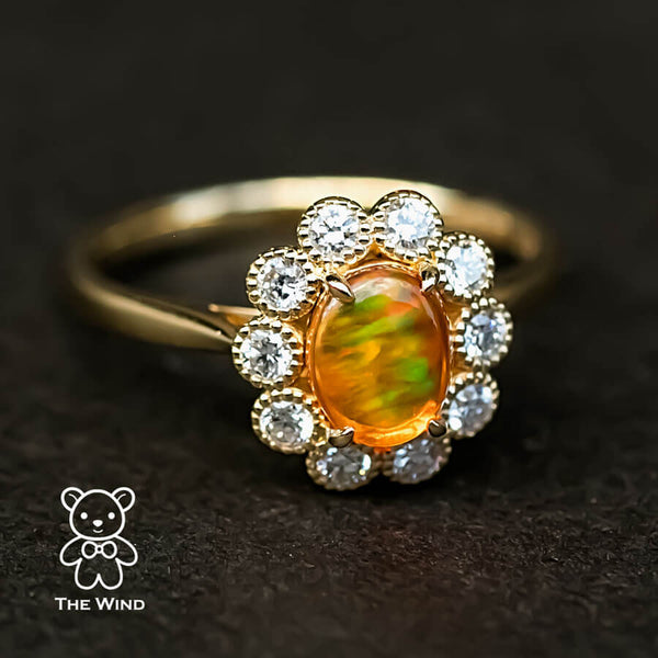 Rainbow Stripe Mexican Fire Opal & Halo Diamond Engagement Ring-1