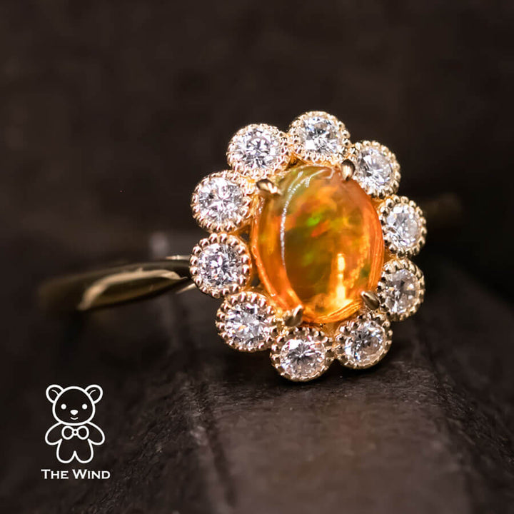Rainbow Stripe Mexican Fire Opal & Halo Diamond Engagement Ring-2