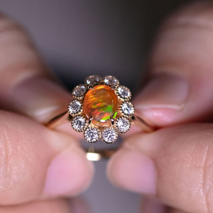 Rainbow Stripe Mexican Fire Opal & Halo Diamond Engagement Ring