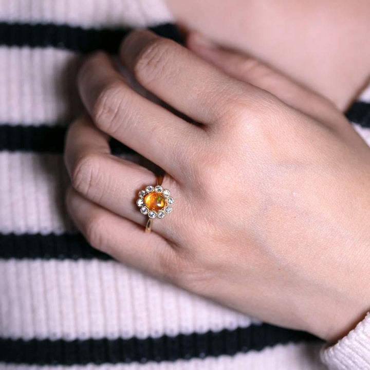 Rainbow Stripe Mexican Fire Opal & Halo Diamond Engagement Ring