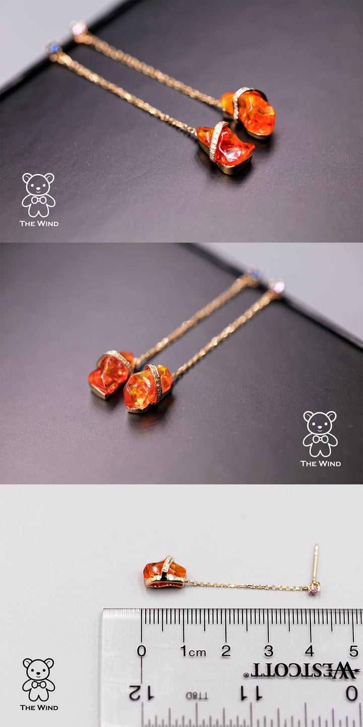 Rare Deep Red Mexican Fire Opal Sapphire Diamond Drop Earrings-6