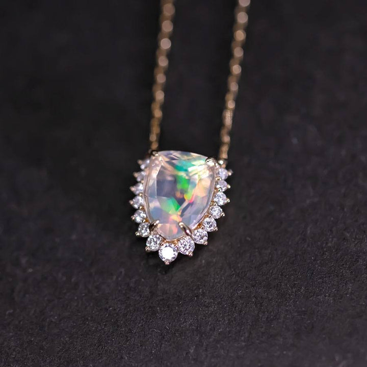 Rare Faceted Fire Opal Diamond Necklace