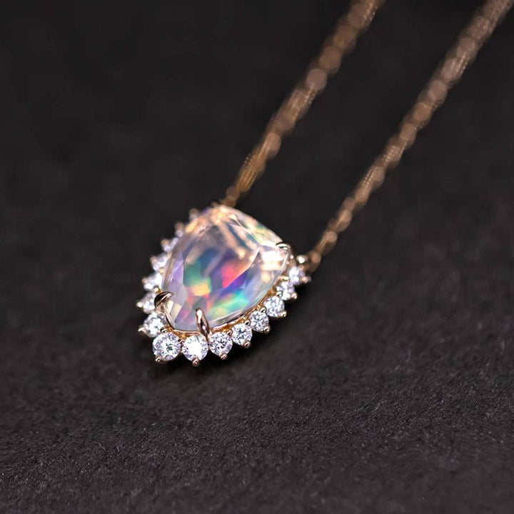 Rare Faceted Fire Opal Diamond Necklace