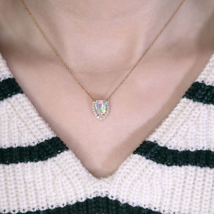 Rare Faceted Fire Opal Diamond Necklace