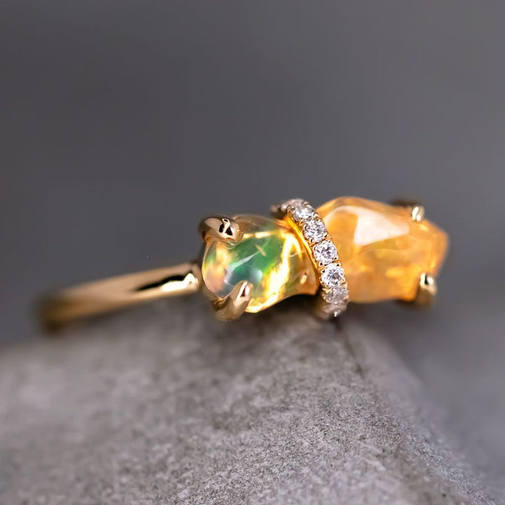 Rare Two-Color Fire Opal Diamond Engagement Ring