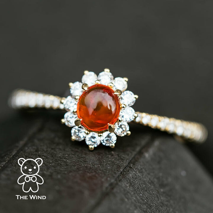 Red Mexican Fire Opal Halo Diamond Engagement Ring-2