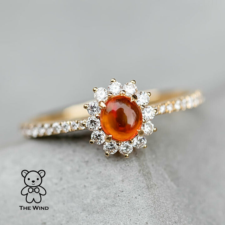 Red Mexican Fire Opal Halo Diamond Engagement Ring-3