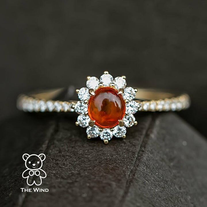 Red Mexican Fire Opal Halo Diamond Engagement Ring-4