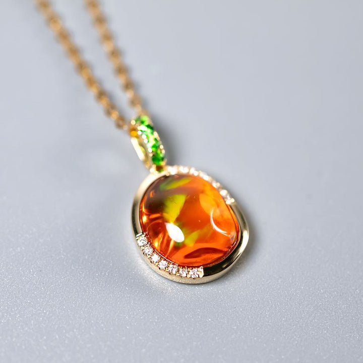Red Fire Opal, Diamond Tsavorite Necklace