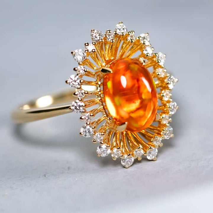 Red Fire Opal Halo Diamond Engagement Ring