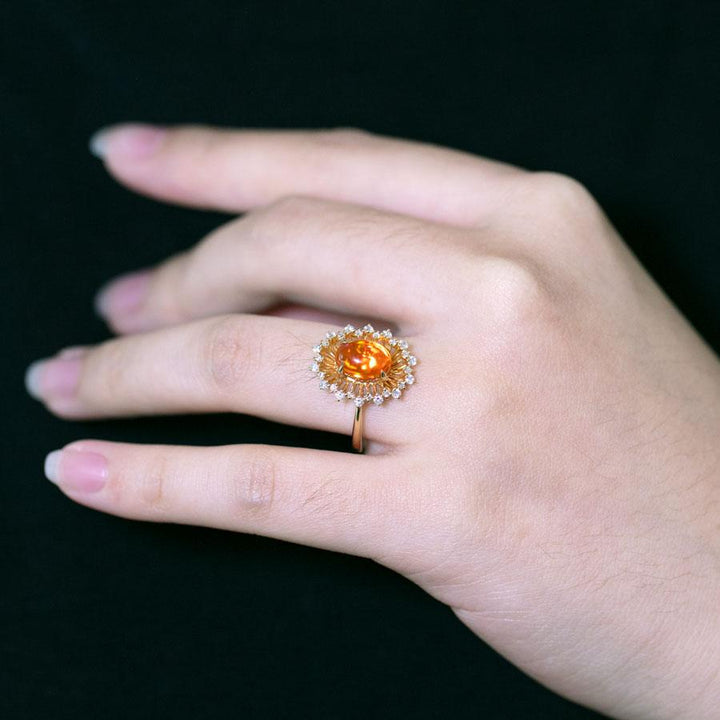 Red Fire Opal Halo Diamond Engagement Ring