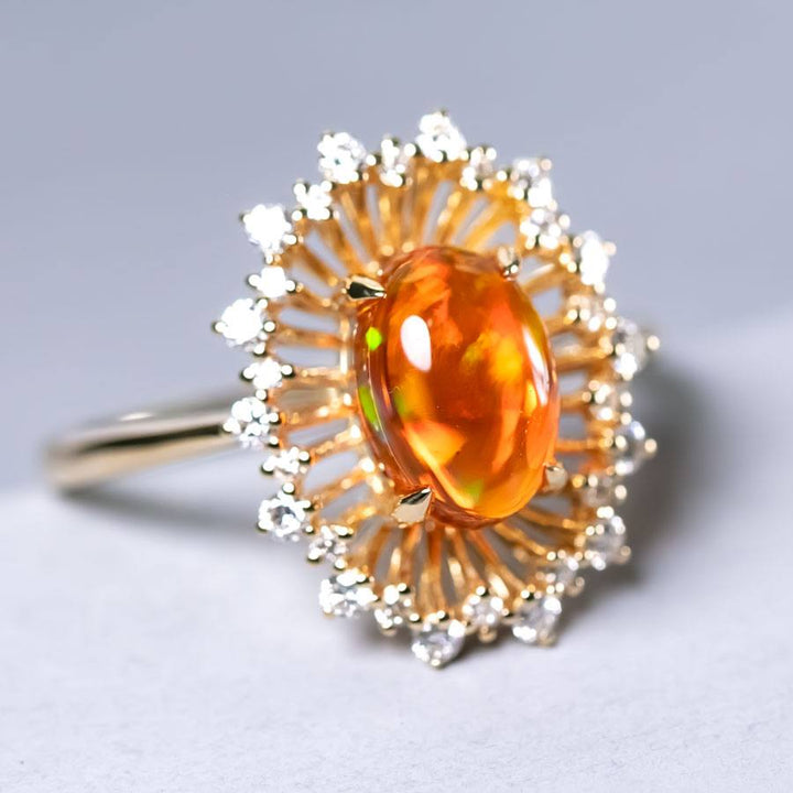 Red Fire Opal Halo Diamond Engagement Ring