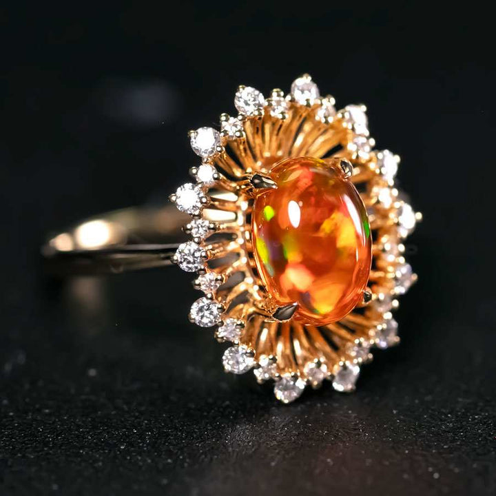 Red Fire Opal Halo Diamond Engagement Ring