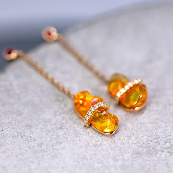 Ribbon Wrapped Fire Opal Ruby Diamond Drop Earrings