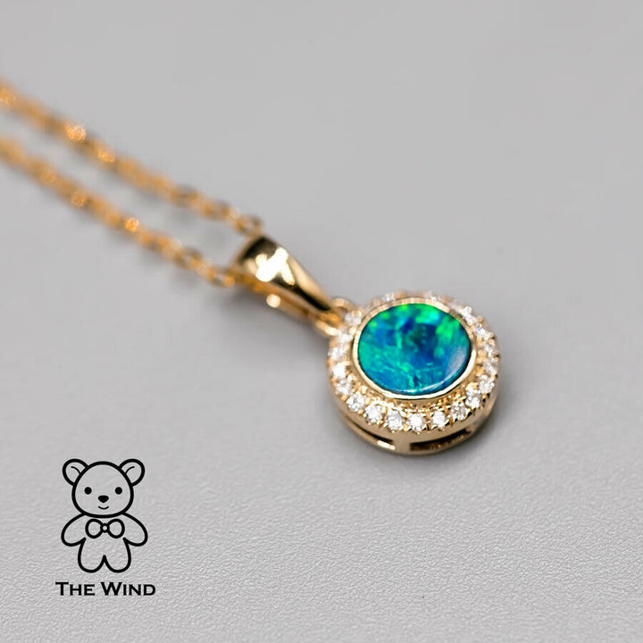 Round Shaped Australian Doublet Opal Halo Diamond Pendant Necklace-3