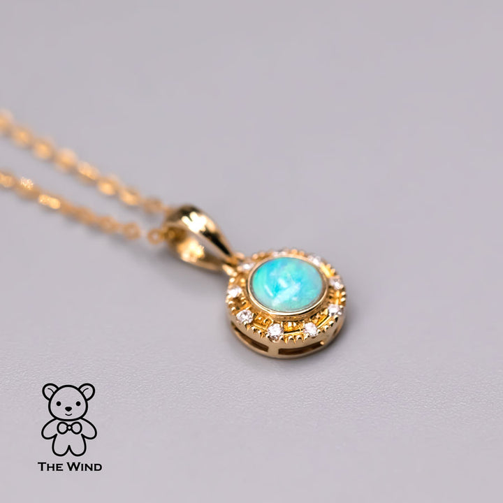Round Shaped Australian Solid Opal Halo Diamond Necklace-2