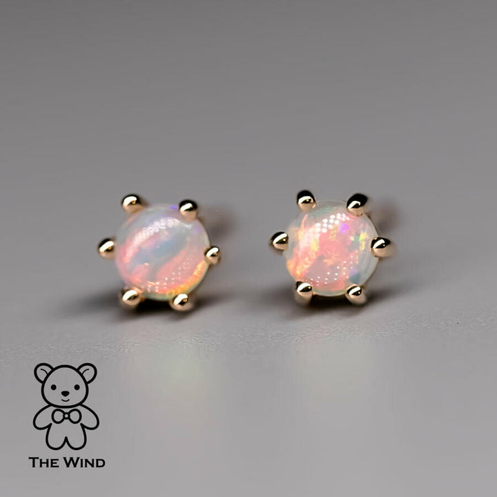 Round Shaped Minimalist Six Prong Australian Solid Opal Stud Earrings-3