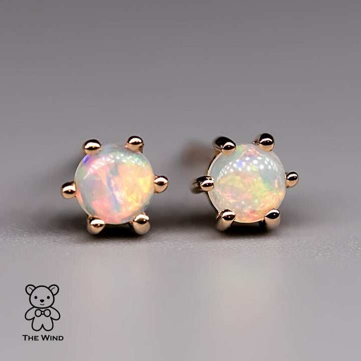 Round Shaped Minimalist Six Prong Australian Solid Opal Stud Earrings-4