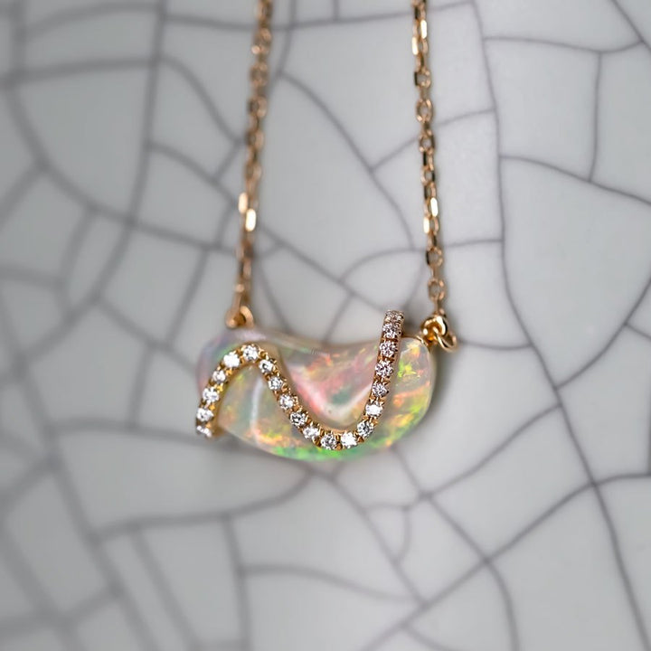 S Shaped Diamond Opal Fossil Shell Necklace