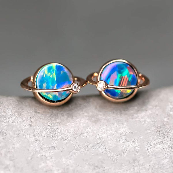 Saturn Design Doublet Opal Stud Earrings 